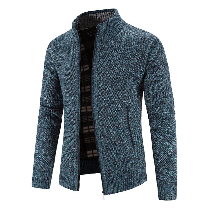 Men's knitted cardigan with full zip, stand-up collar and checkered lining Mune Fashion