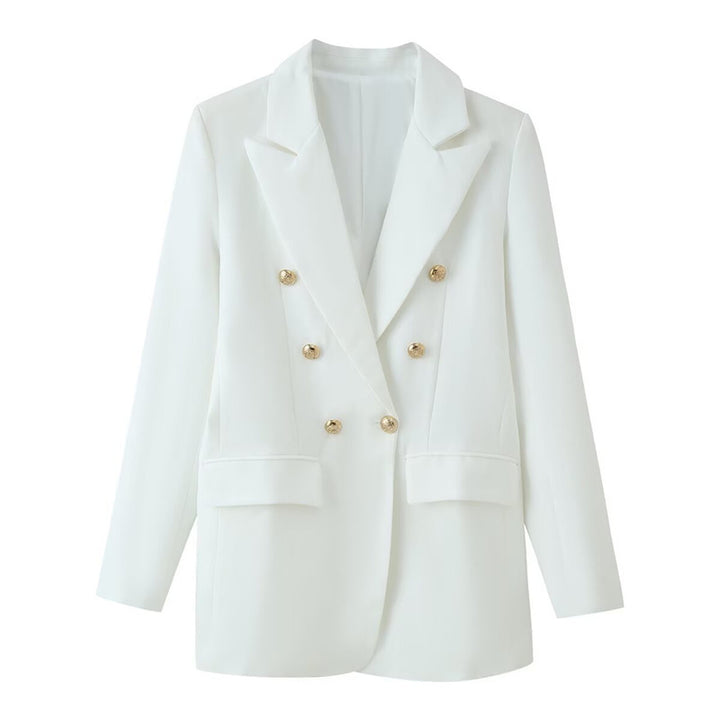 Women double-breasted longline blazer with lapel collar and decorative buttons Mune Fashion