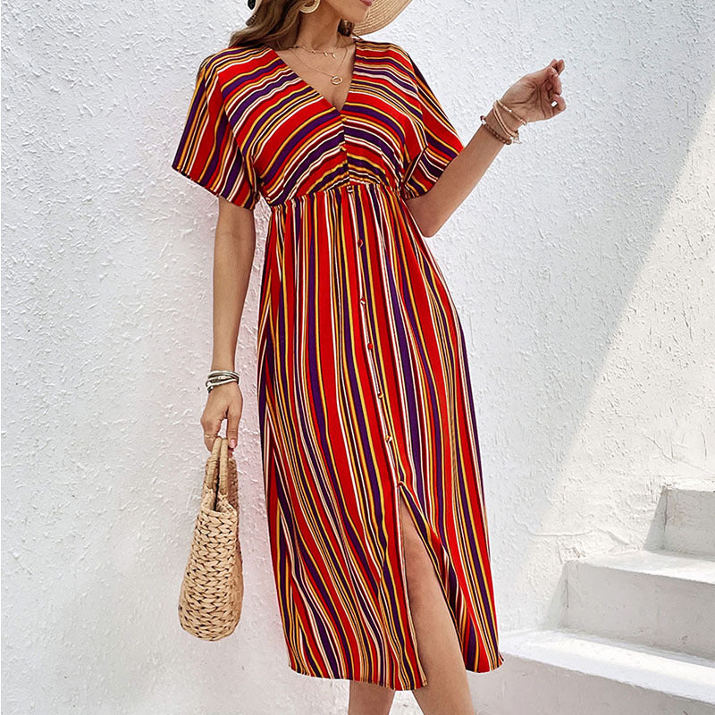 Women's Striped Midi Dress with V-Neck, Button Placket and Waist Gathered Mune Fashion
