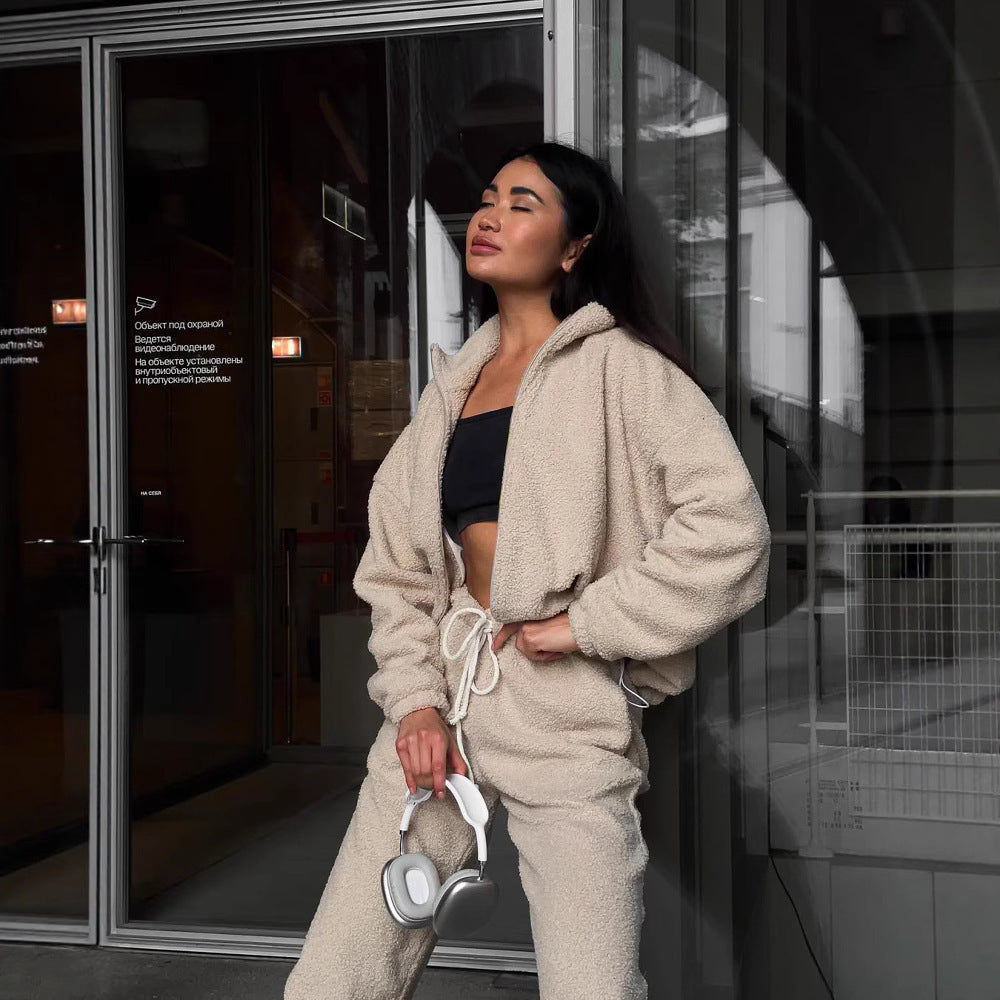 Women's Teddy Fleece Loungewear Set with half zip elastic drawstring waistband and wide leg Mune Fashion