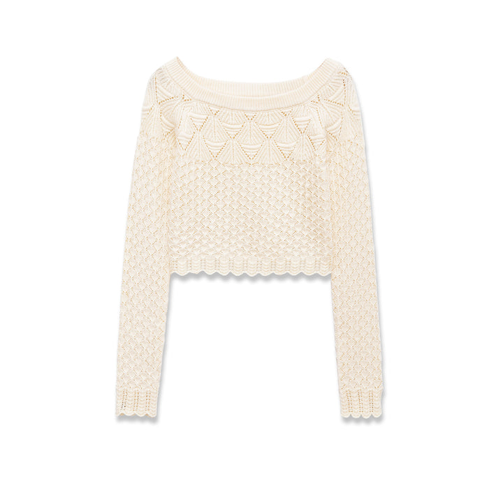 Women's crocheted short sweater with wide boat neckline, fine lace knit pattern and elastic cuff Mune Fashion
