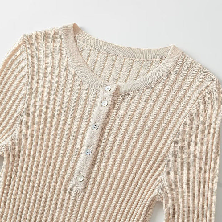 Women's figure-hugging ribbed long sleeve fine knit shirt with Henley button placket Mune Fashion
