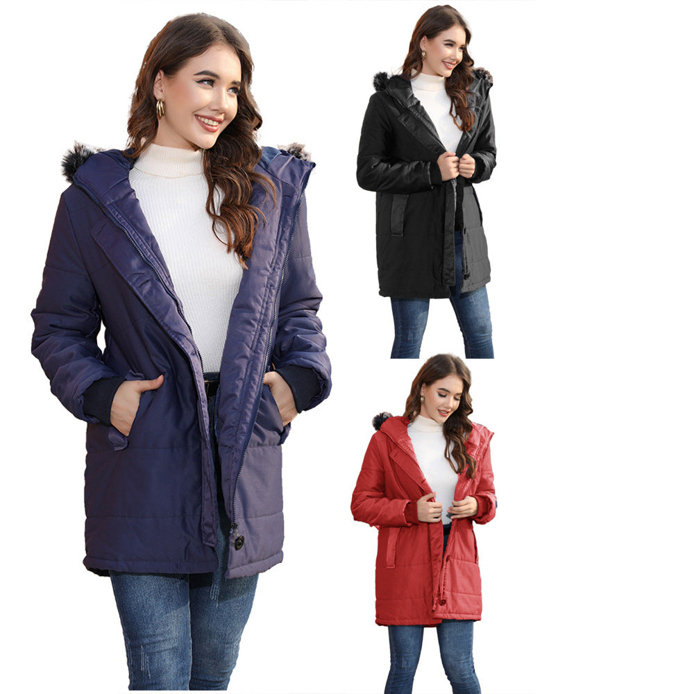 Women's Long Cut Quilted Parka with Hood, Drawstring & Faux Fur Trim Mune Fashion