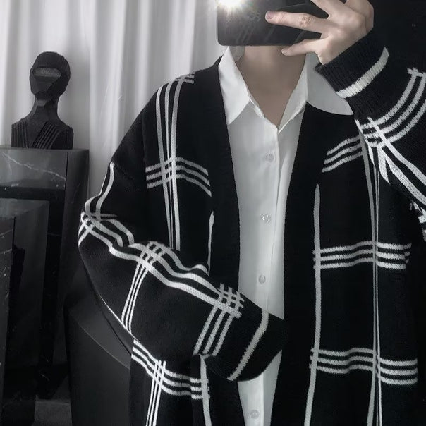 Men's Oversized Knit Cardigan with Check Pattern and Open Front Mune Fashion