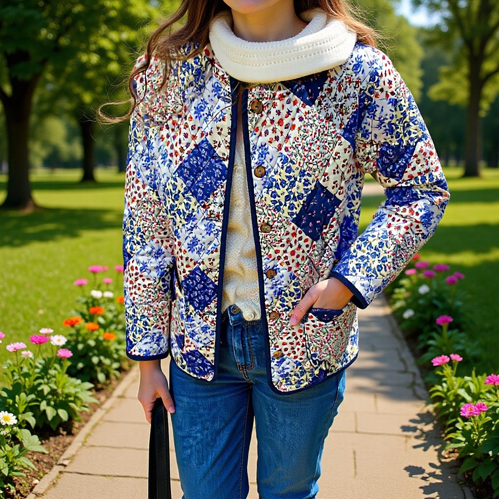 Women Padded Patchwork Quilted Coat with Floral Inserts and Patch Pockets Mune Fashion
