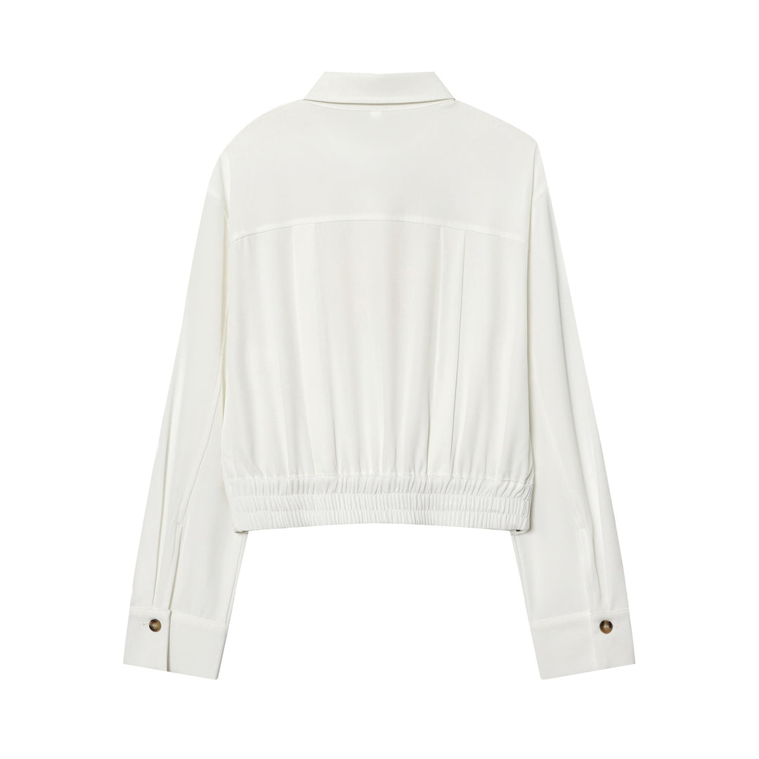 Women tailored cropped button-up blouse with epaulets and decorative button placket Mune Fashion