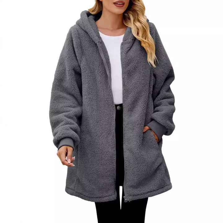 Women's knee-length soft teddy parka with hood, elastic cuffs, and two-way zipper Mune Fashion