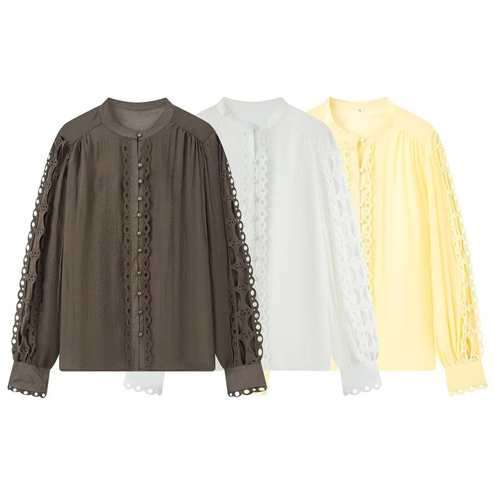 Ladies blouse with lace cutouts, fine button placket and balloon sleeves Mune Fashion