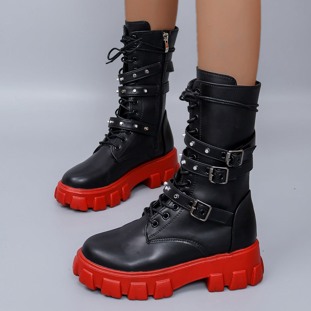 Women's platform biker boots with triple decorative buckle and chunky tread sole Mune Fashion