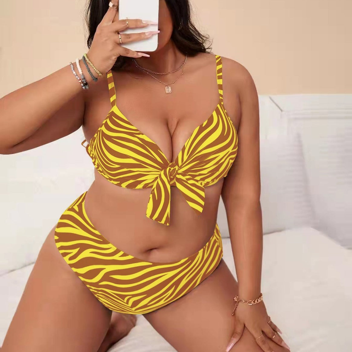 Women's bikini set with fashionable zebra pattern and adjustable knot Mune Fashion
