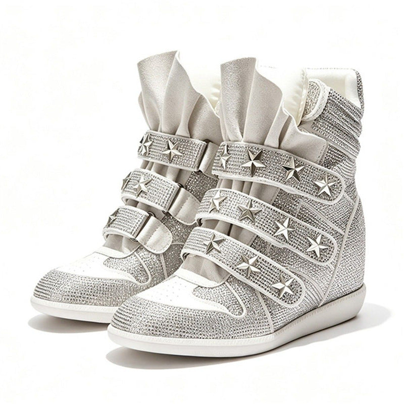 Ladies Wedge Sneakers with Hidden Heel, Rhinestone Trim and Star Studs Mune Fashion