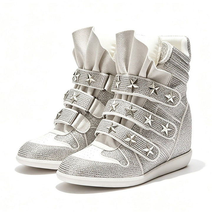 Ladies Wedge Sneakers with Hidden Heel, Rhinestone Trim and Star Studs Mune Fashion