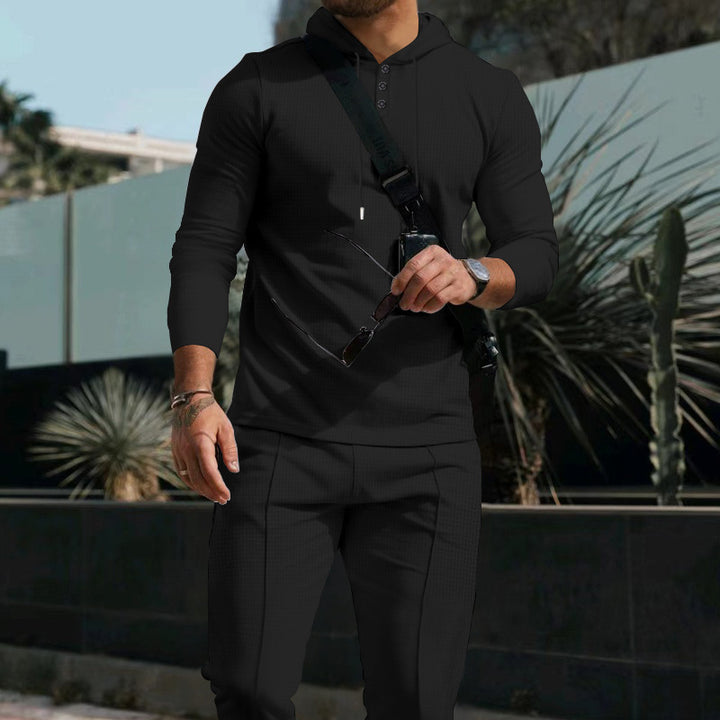 Men's fitted hooded button placket set made of textured stretch jersey with slim chino jogger Mune Fashion