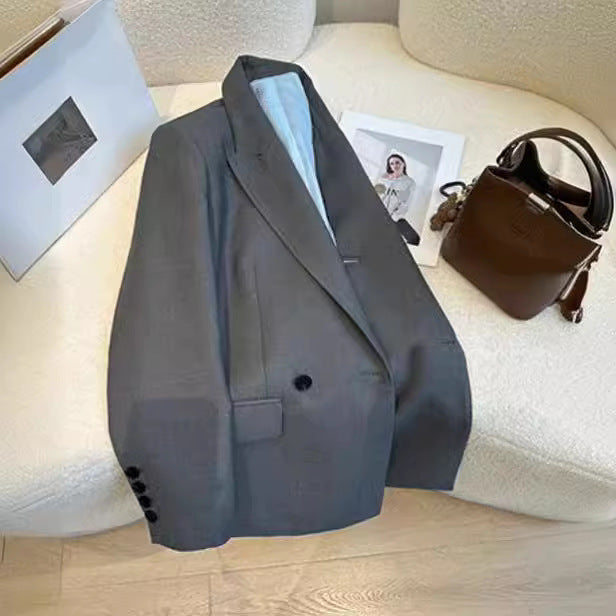 Women's Double-Breasted Oversize Blazer with Narrow Lapels, Inner Lining & Flap Pockets Mune Fashion