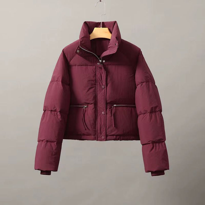 Women's Nan Cropped Puffer Jacket with High Stand-Up Collar, Concealed Front Placket, and Integrated Zip Pockets Mune Fashion