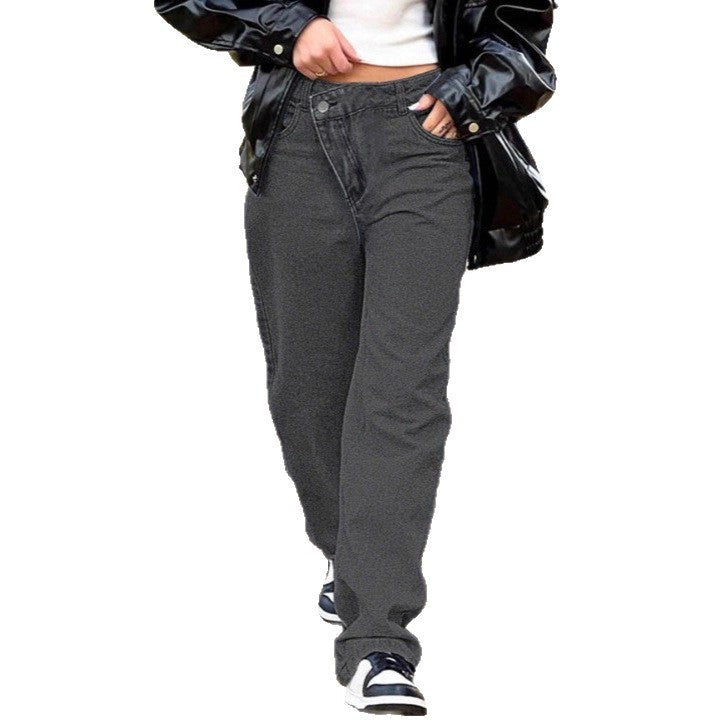 Women high-waisted loose-fitting jeans with wide legs and asymmetrical button placket Mune Fashion