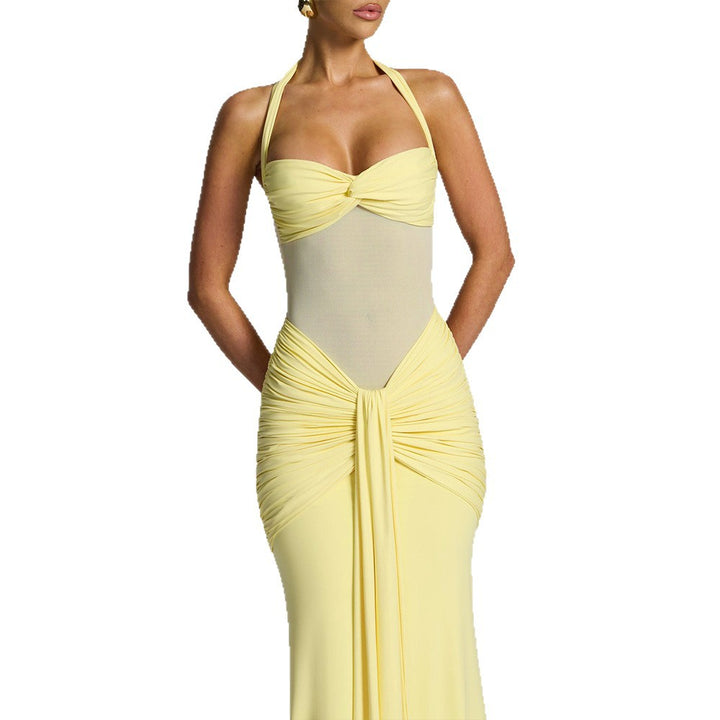 Women's figure-hugging halter evening dress with transparent mesh insert and gathered hip area Mune Fashion