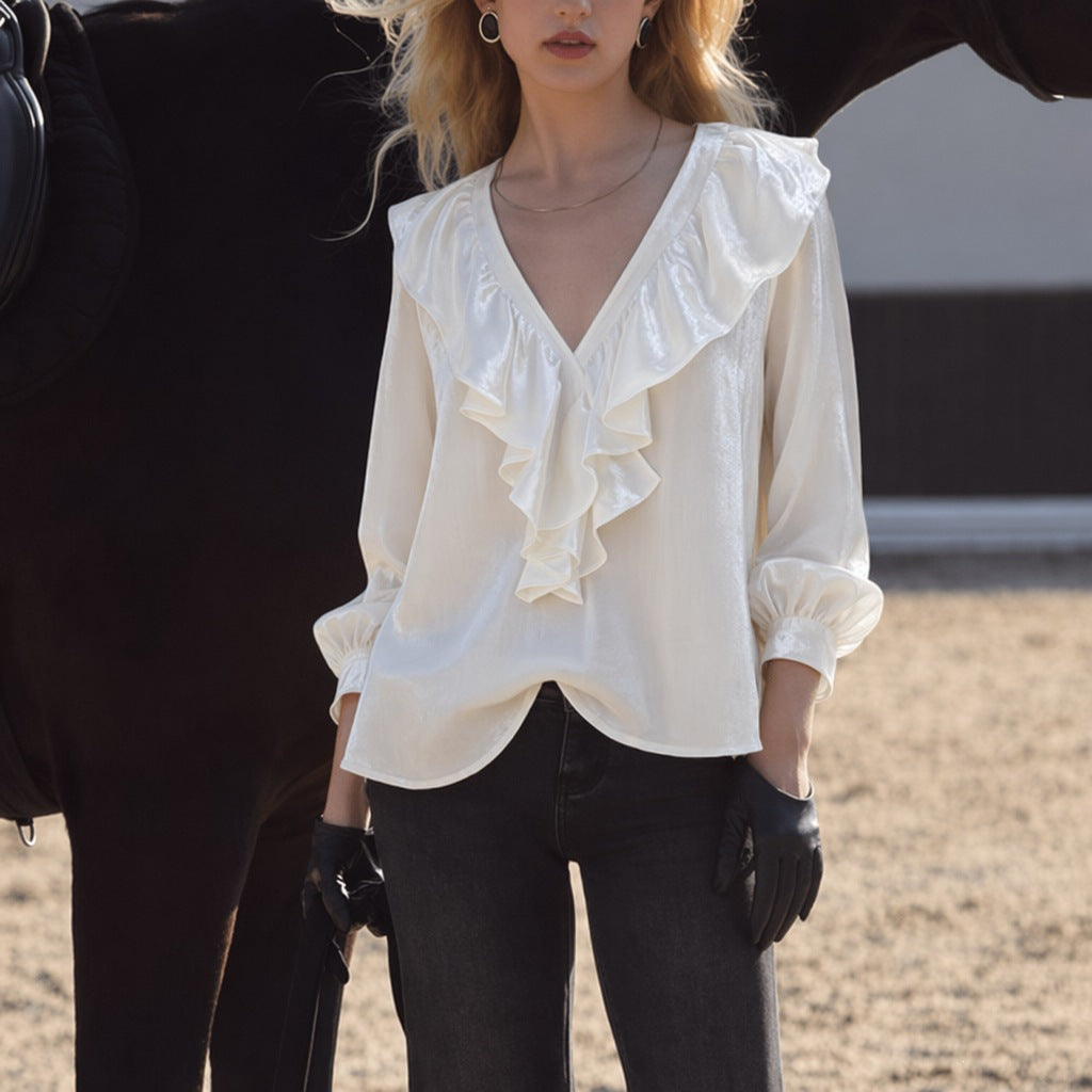 Women shimmering V-Neck ruffle blouse with balloon sleeves and elastic cuffs Mune Fashion