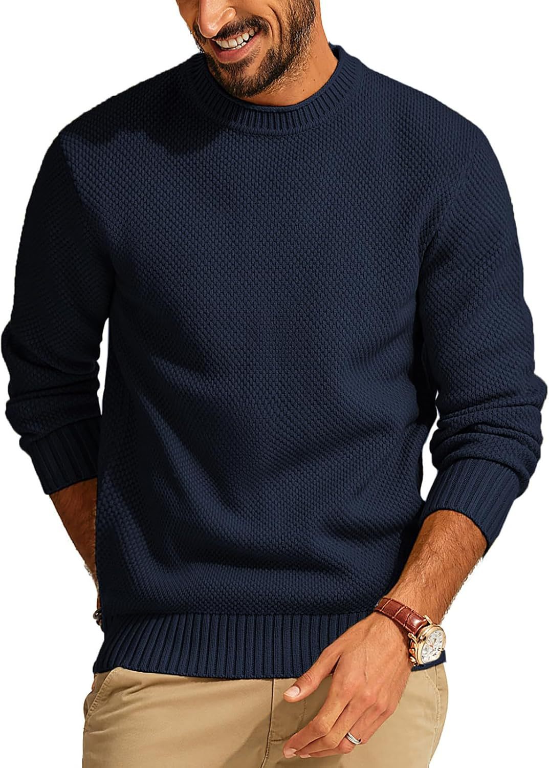 Men's Waffle Knit Sweater with Round Neck Mune Fashion