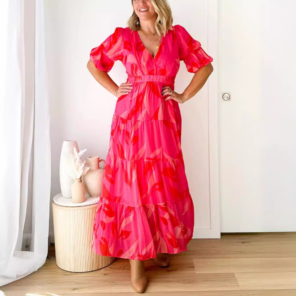 Ladies' flared maxi dress with V-neck, elastic underbust seam, and tiered skirt Mune Fashion