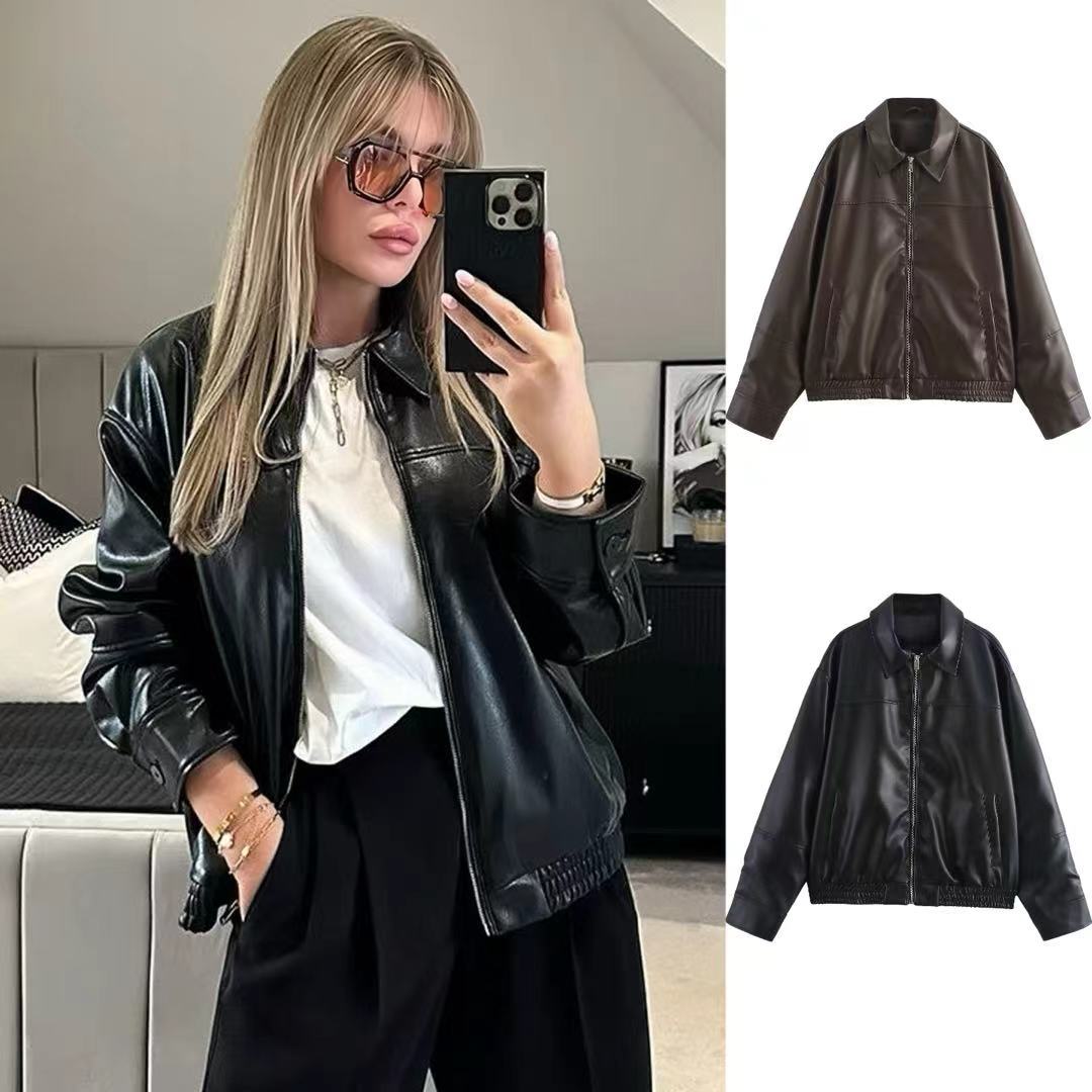 Men's oversized faux leather bomber jacket with shirt collar, full zip, side pockets, and elastic hem Mune Fashion