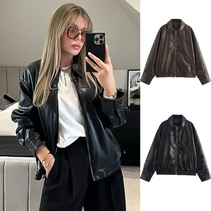 Men's oversized faux leather bomber jacket with shirt collar, full zip, side pockets, and elastic hem Mune Fashion