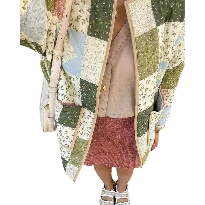 Women Padded Patchwork Quilted Coat with Floral Inserts and Patch Pockets Mune Fashion