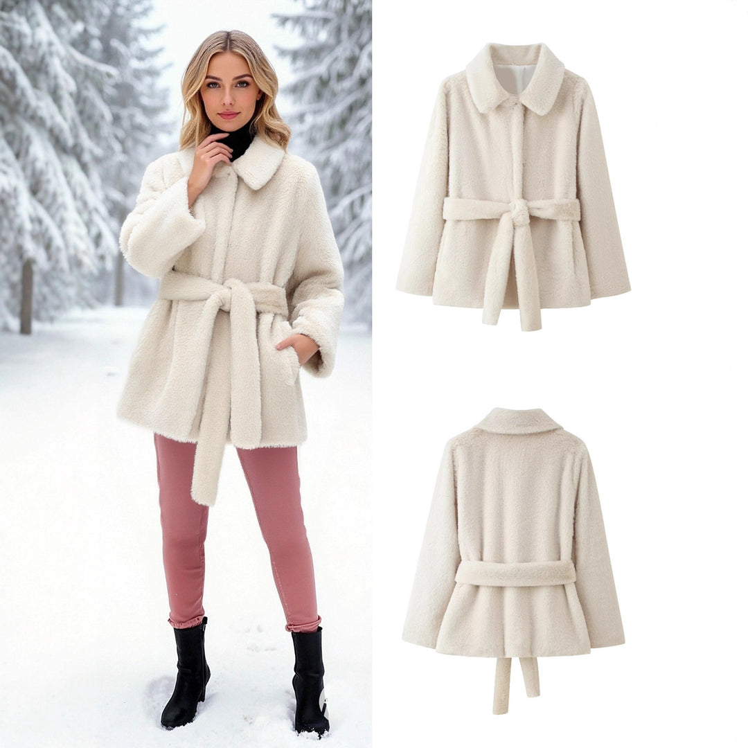 Women's short coat made of cuddly faux fur with shirt collar and tie belt Mune Fashion