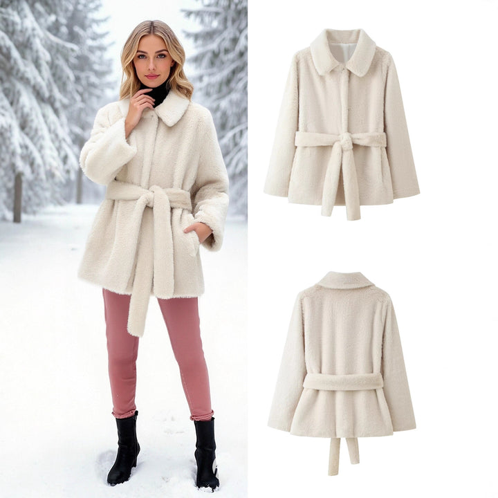 Women's short coat made of cuddly faux fur with shirt collar and tie belt Mune Fashion