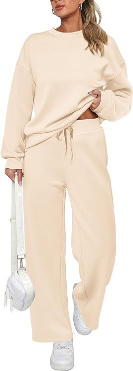 Women's two-piece French terry lounge set with oversized round neck pullover and wide high waist jogger Mune Fashion