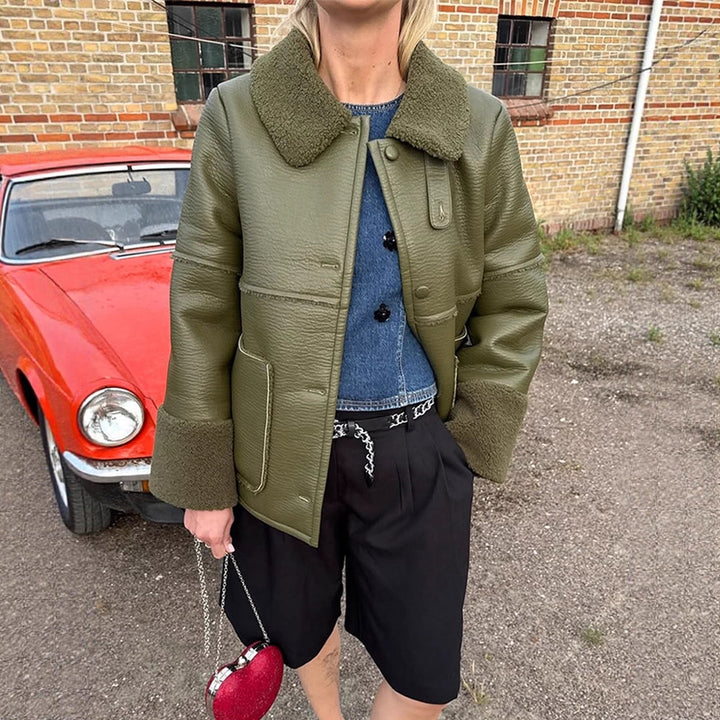Ladies Short Aviator-Style Bomber Jacket with Teddy Lining and Boxy Silhouette Mune Fashion