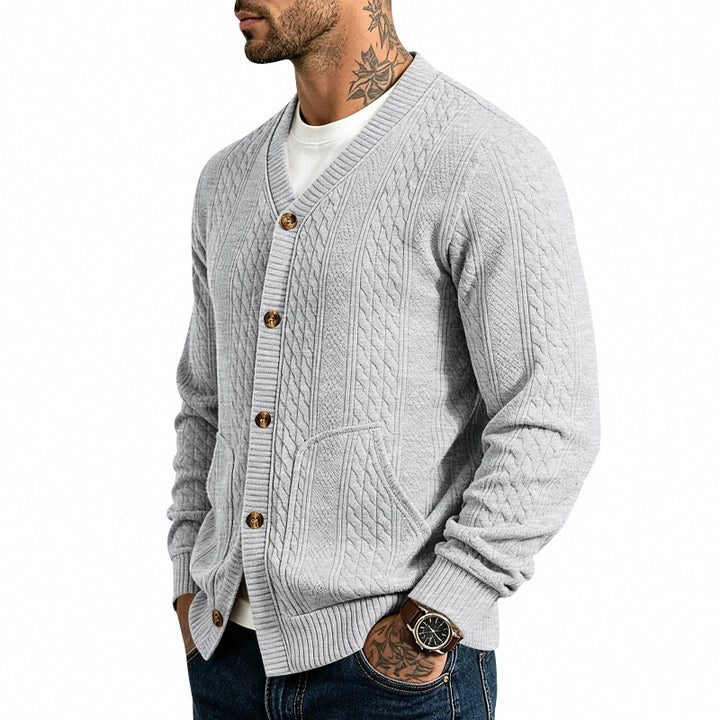 Men's Structured Knit Cardigan with V-Neck and Cable Pattern Mune Fashion