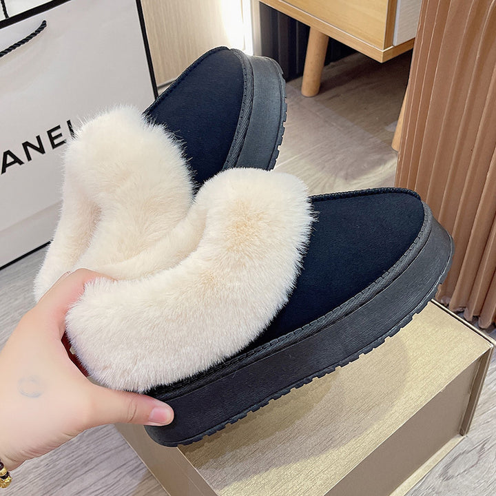 Women Padded Platform Slippers with Fur Collar and Non-Slip Profile Sole Mune Fashion