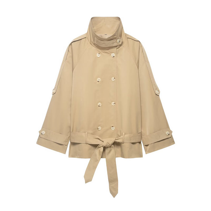 Women's Short Cape Trench with High Standing Collar, Double-Breasted Button Placket and Tie Belt Mune Fashion