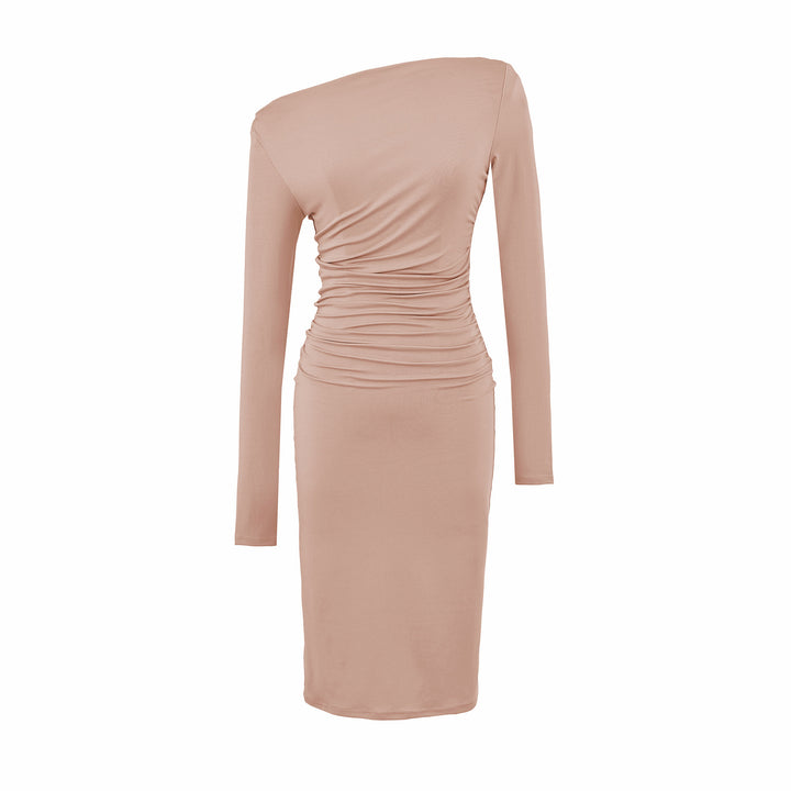 Women's Asymmetric One-Shoulder Midi Dress with Gathering and Long Sleeve Mune Fashion