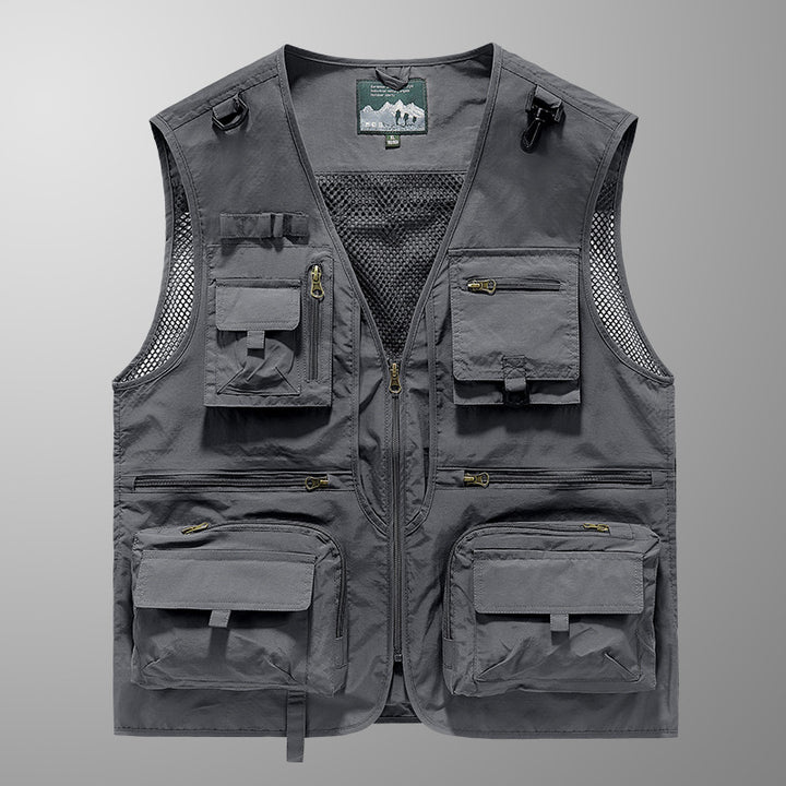 Men's multifunctional fishing utility vest with mesh inserts, D-rings, and numerous zip and flap pockets Mune Fashion