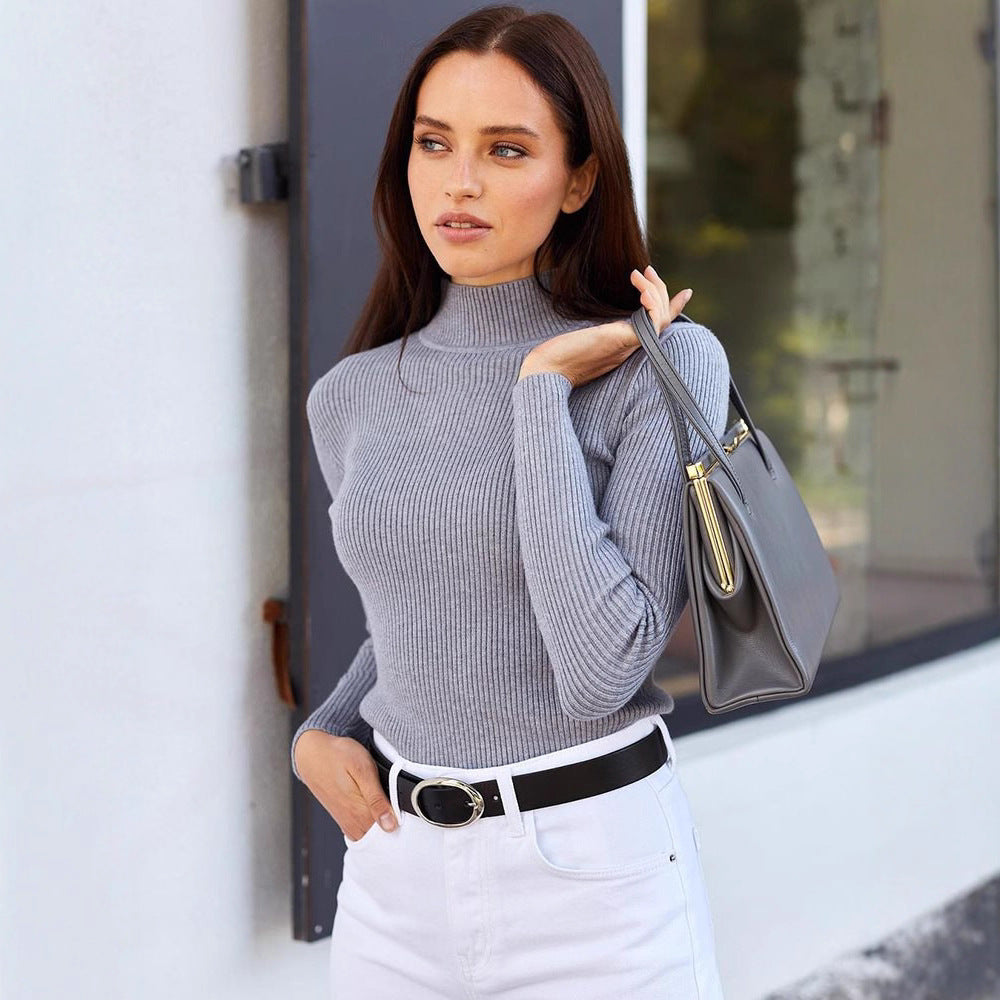 Women's Short-Cut Ribbed Turtleneck Sweater with Fitted Cut Mune Fashion
