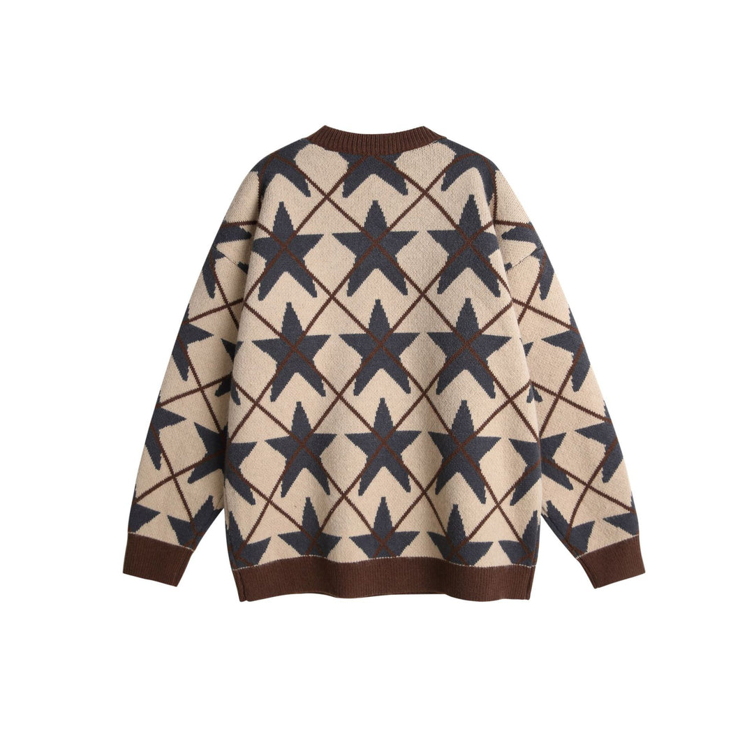 Unisex Chunky Knit Crew Neck Sweater with Star Jacquard Mune Fashion