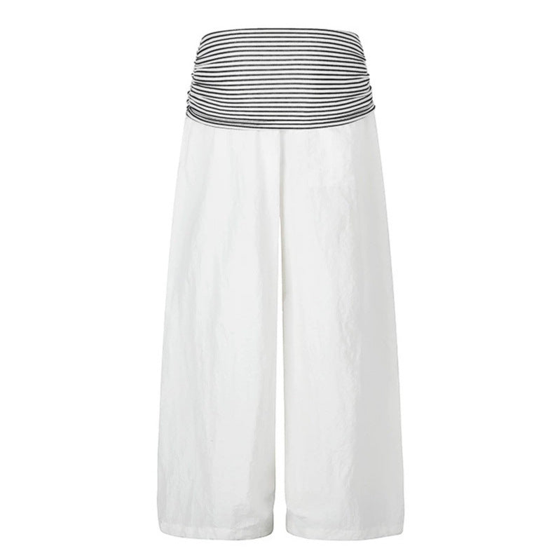 Women's Wide Palazzo Pants with High Striped Comfort Waistband and Statement Print Mune Fashion