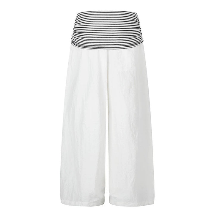 Women's Wide Palazzo Pants with High Striped Comfort Waistband and Statement Print Mune Fashion