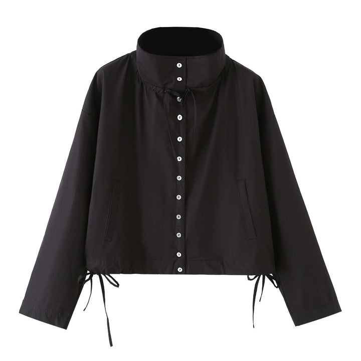 Women short-cut blouson jacket with high stand-up collar, button placket and drawstring Mune Fashion