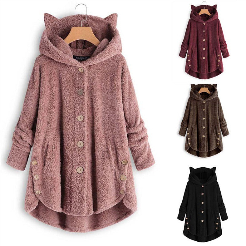 Women's Hooded Teddy Coat with Cat Ears, Button Placket and Asymmetrical Hem Mune Fashion