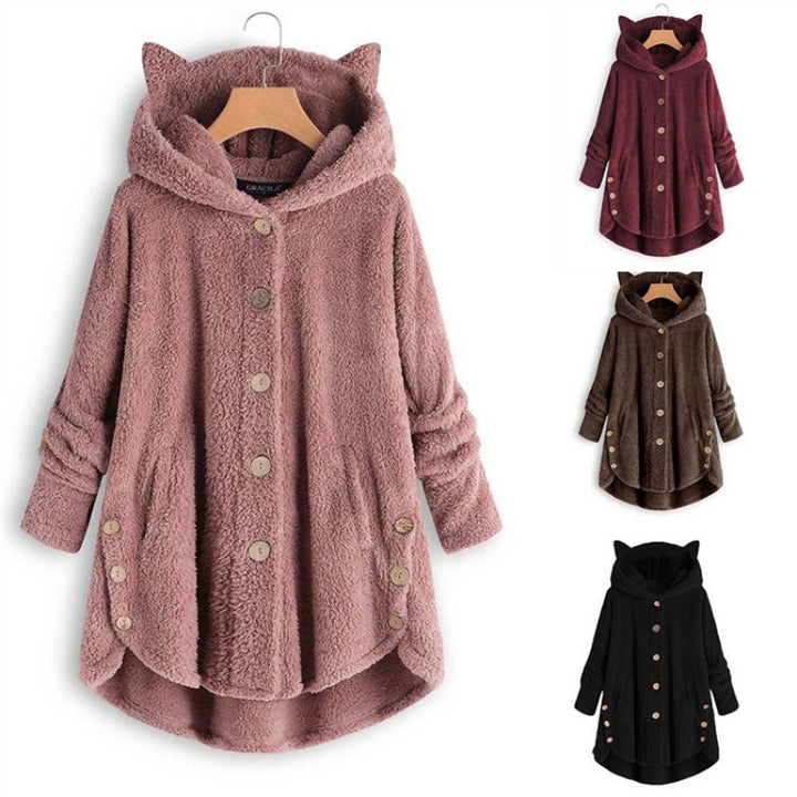 Women's Hooded Teddy Coat with Cat Ears, Button Placket and Asymmetrical Hem Mune Fashion