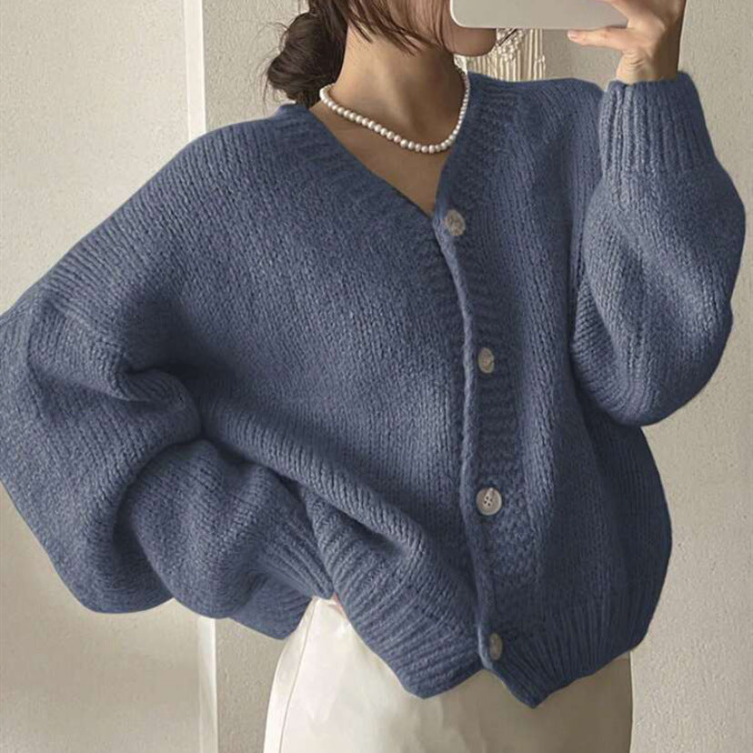 Women's Oversized Cardigan with Deep V-Neck, Balloon Sleeves, and Decorative Button Placket Mune Fashion