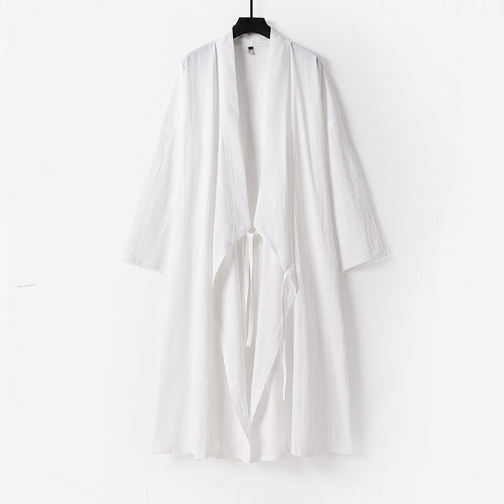 Unisex Longer Kimono Coat made of lightweight cotton blend with draped front and tie loop Mune Fashion
