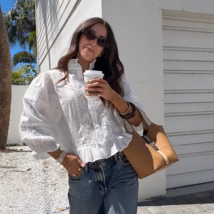 Ladies Broderie-Anglaise blouse with stand-up collar, ruffled hem and balloon sleeves Mune Fashion