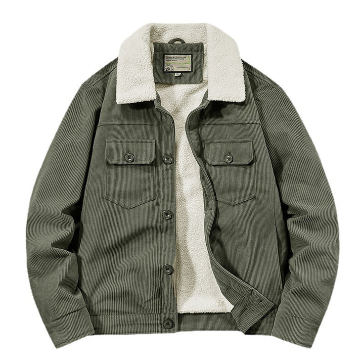 Men's Corduroy Work Jacket with Sherpa Lining, Notched Collar and Snap Button Placket Mune Fashion