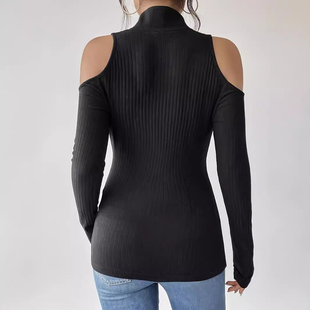 Women's tailored ribbed top with shoulder cutout, high collar, and ring zipper Mune Fashion