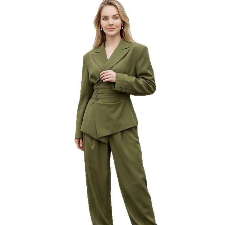 Women's Tailored Blazer Set with Asymmetrical Button Closure and Relaxed Pleated Trousers Mune Fashion