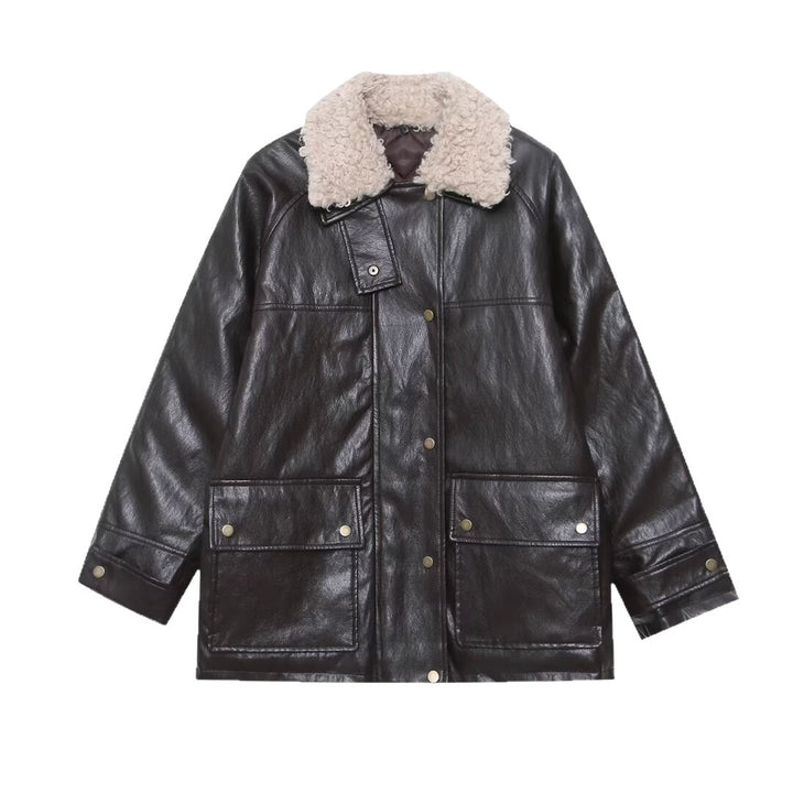 Women's Oversized Faux Leather Field Jacket with Detachable Teddy Collar and Flap Pockets Mune Fashion